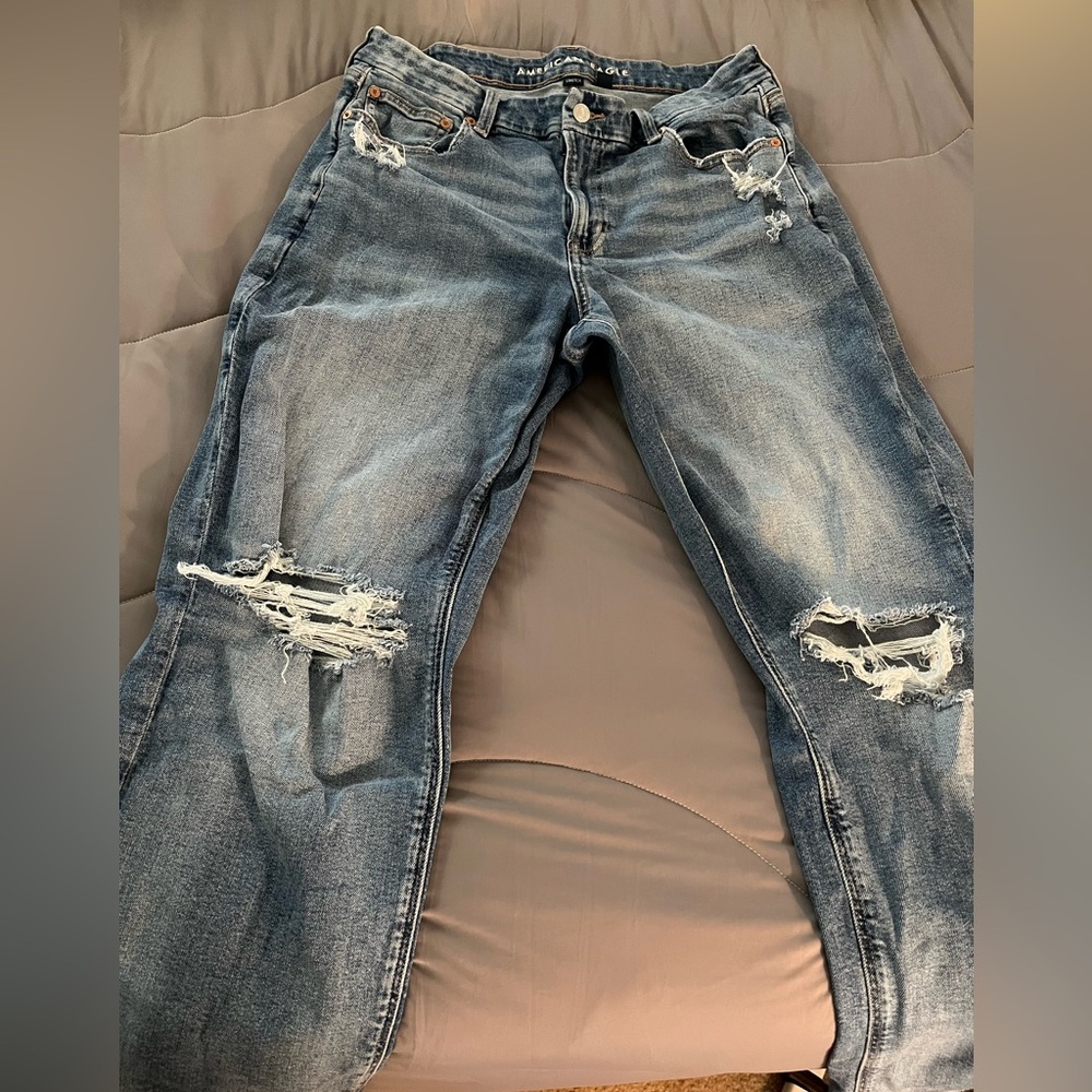 American Eagle Outfitters Blue Boyfriend Jeans with Distressed Details